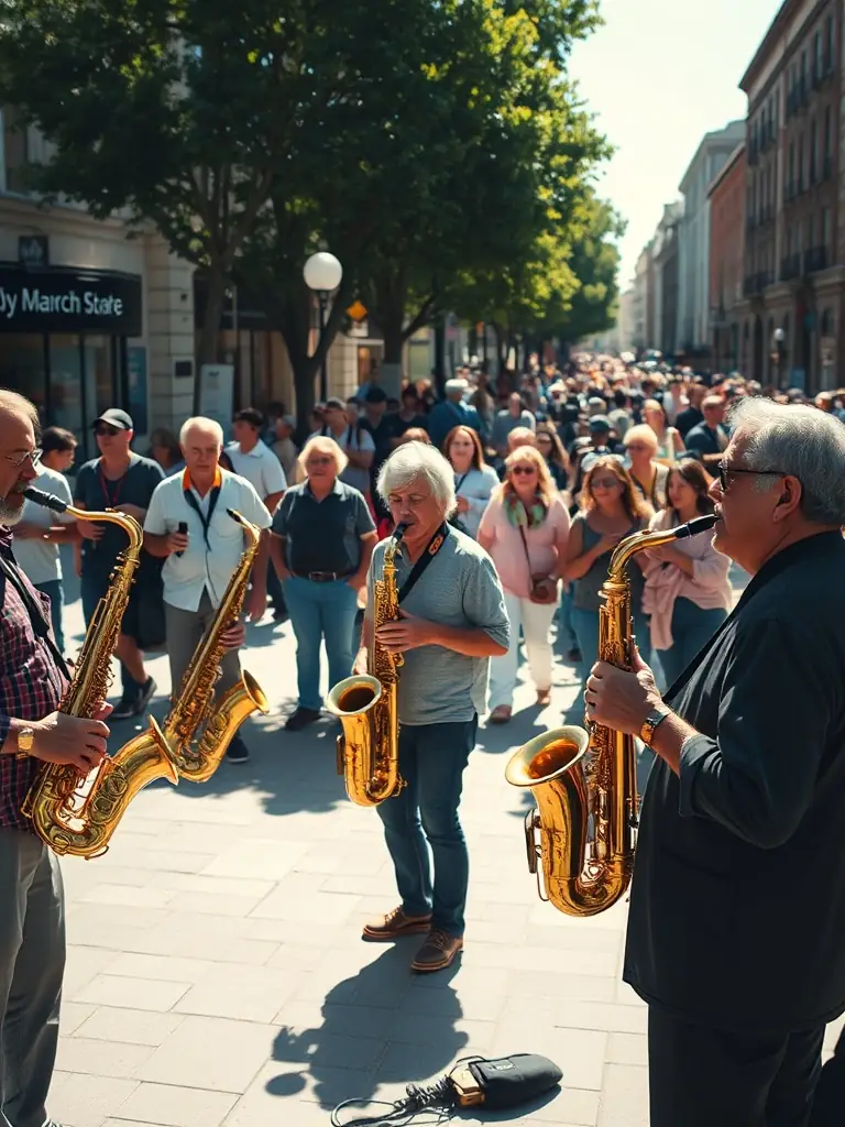 A saxophone quartet performing outdoors in a public square, with a diverse audience enjoying the music.