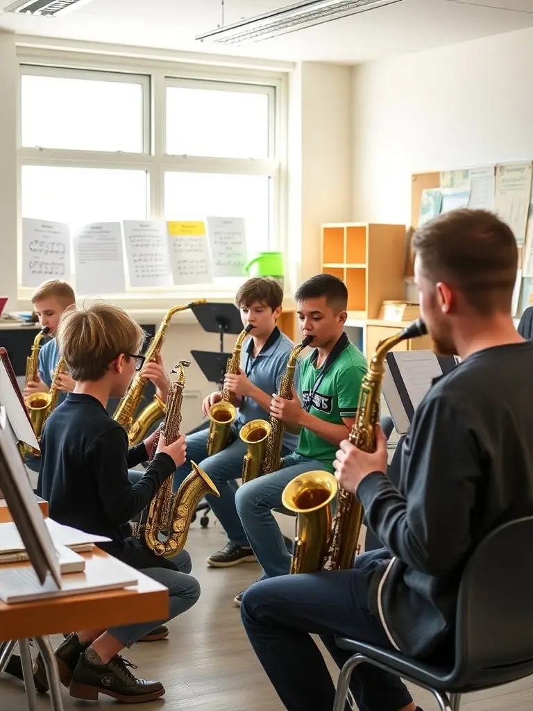 A group of young musicians participating in a BOCALISE workshop, learning saxophone techniques from experienced instructors.