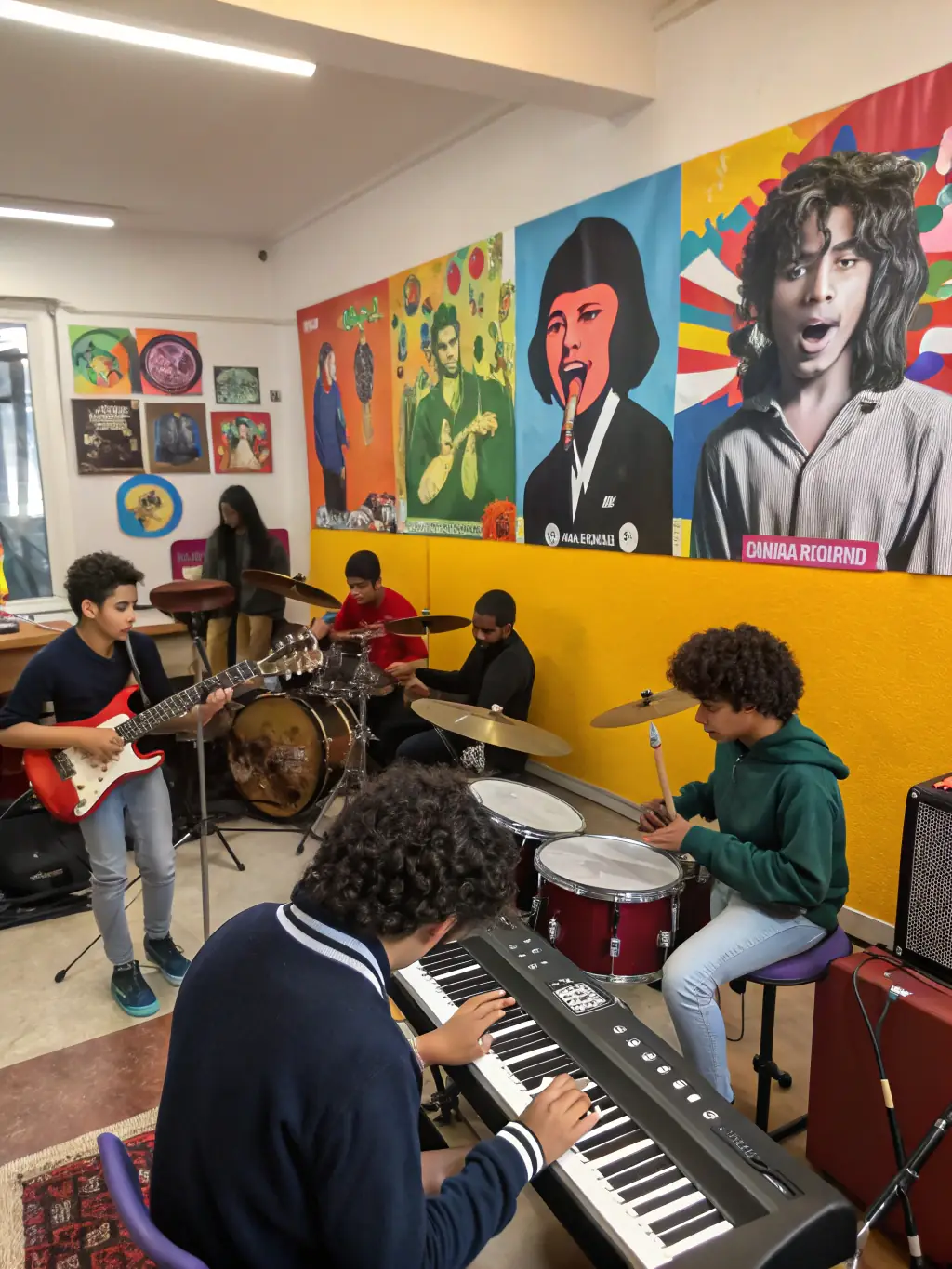 A photo of a BOCALISE saxophone quartet leading a music workshop for young students in a classroom setting.
