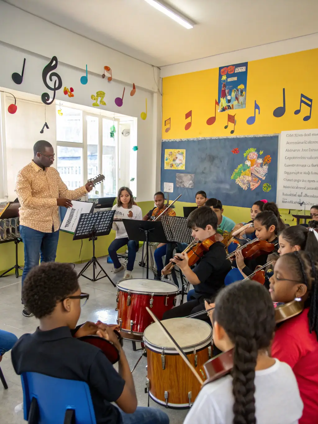 A group of young musicians participating in a BOCALISE-sponsored workshop, learning from experienced instructors.