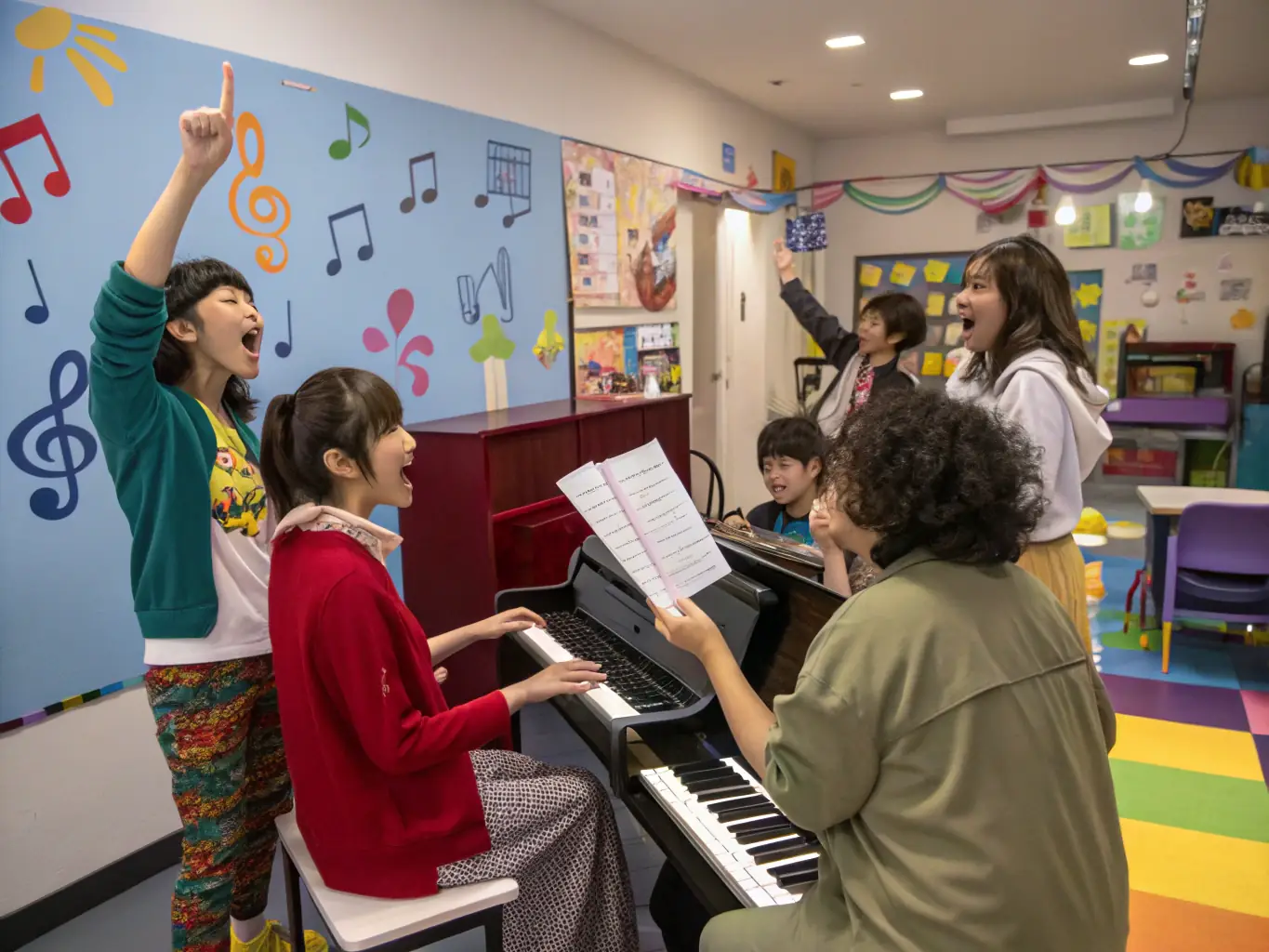 A group of young musicians participating in a BOCALISE workshop, learning new techniques and collaborating on a musical piece.