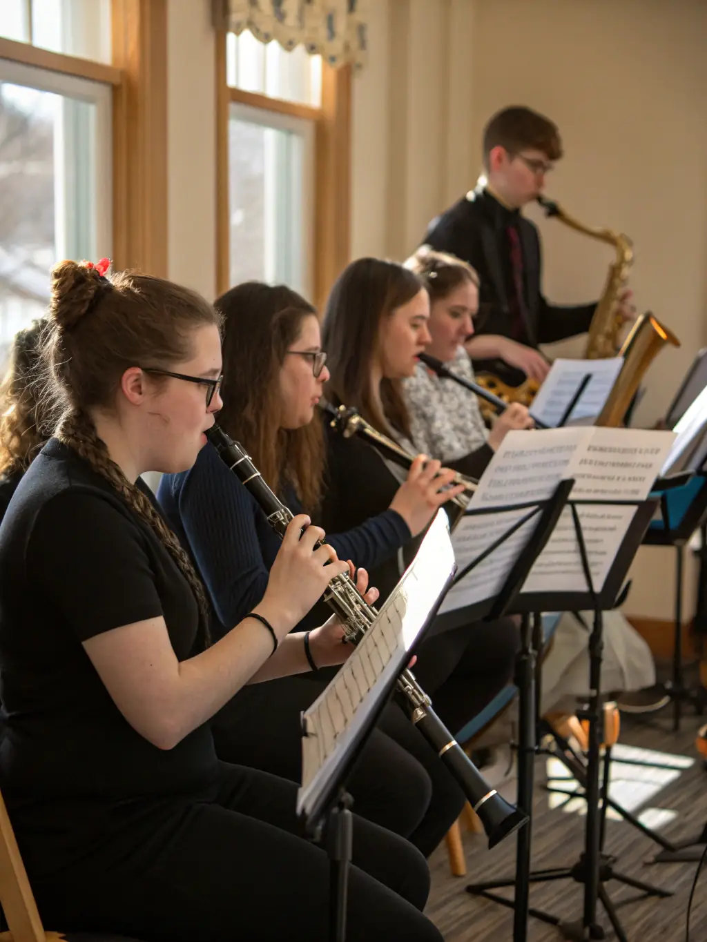 A professional photograph of the BOCALISE saxophone quartet rehearsing in a dedicated rehearsal space, showcasing their dedication to musical excellence.