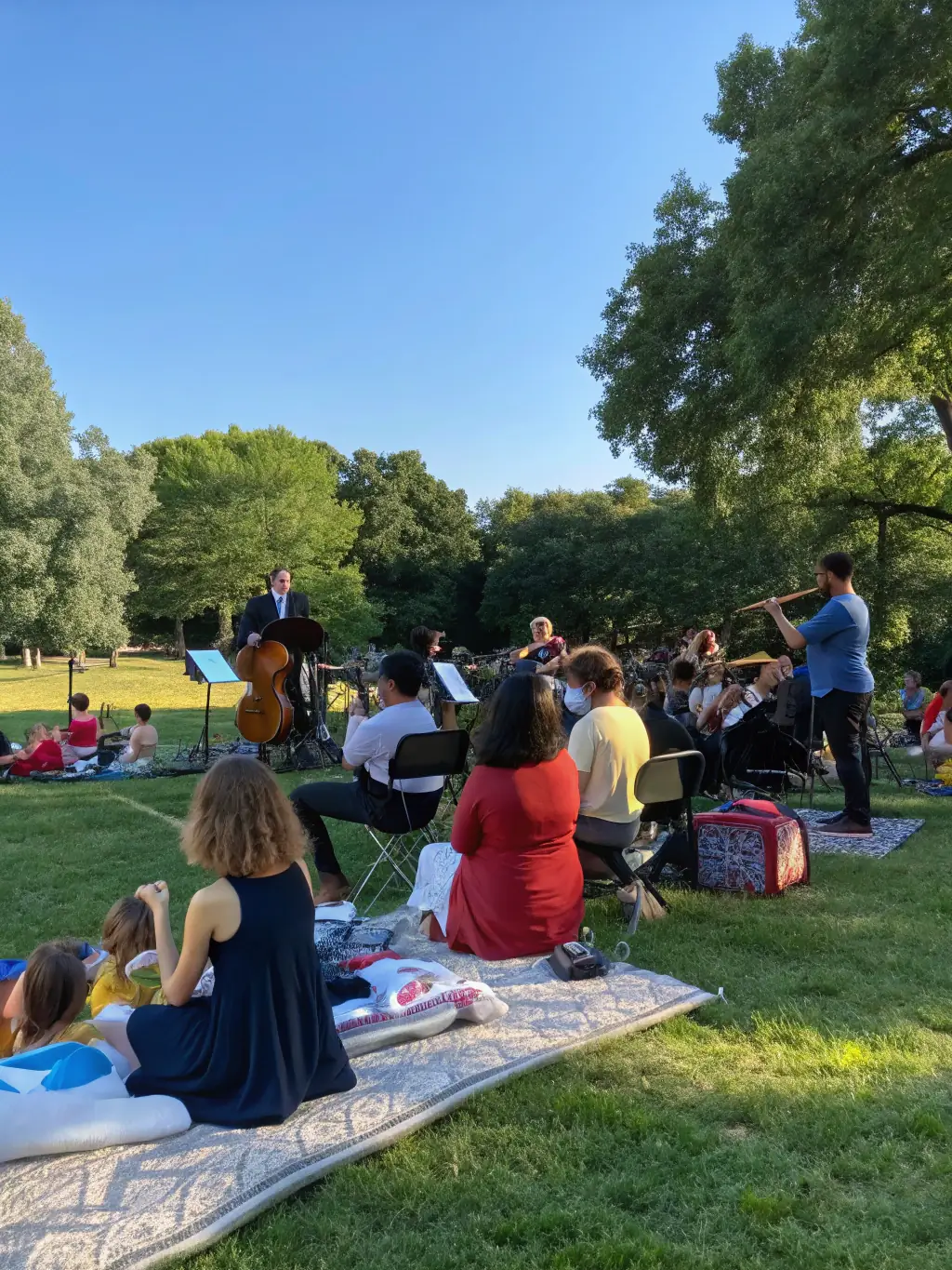 A vibrant image of a saxophone quartet performing outdoors in a public park, surrounded by an appreciative audience of all ages.